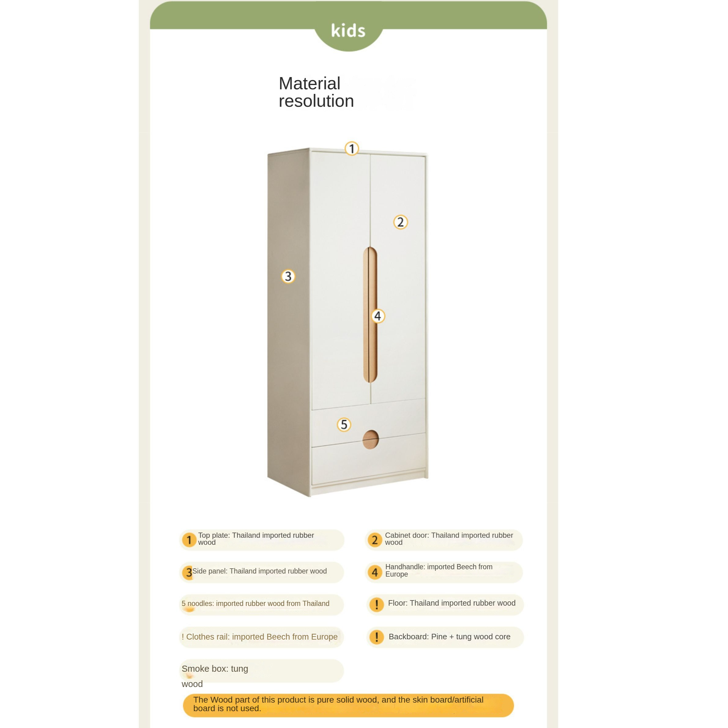 Solid Rubberwood, Beech Solid Wood Children's Wardrobe