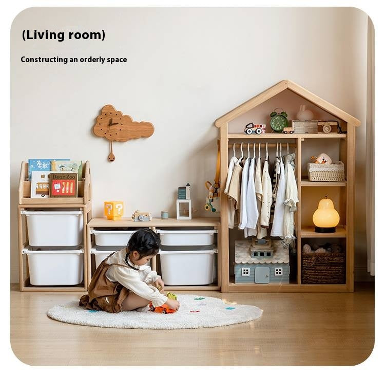 Poplar Solid Wood Children's Toy Storage Cabinet and Wardrobe With Hangers