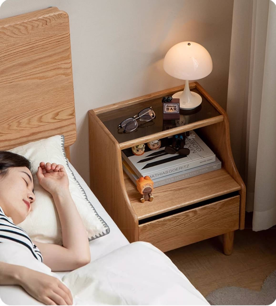 Rubberwood, Oak Solid Wood Log Style Nightstand