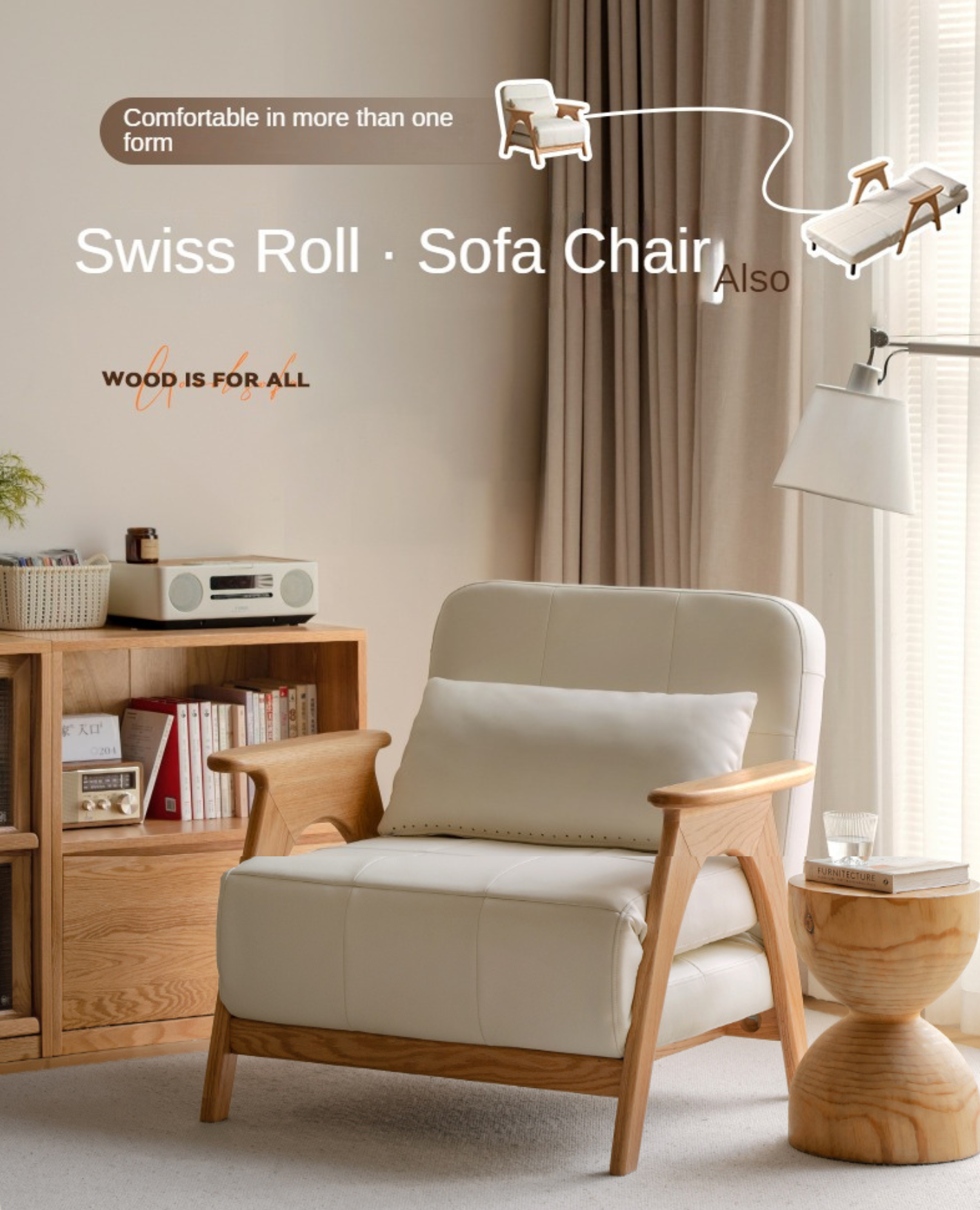 Oak, Beech Solid Wood Folding Dual-Purpose Sofa Chair.