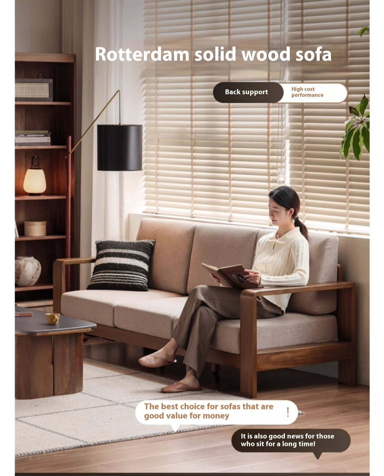 Walnut Solid Wood Three Seat Fabric Sofa