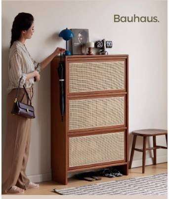 Poplar Solid Wood Rattan Shoe Cabinet Antique Style