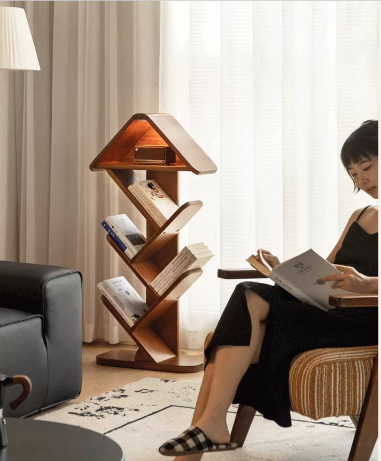 Poplar Solid Wood Mid Century Style Bookshelf And Newspaper Rack