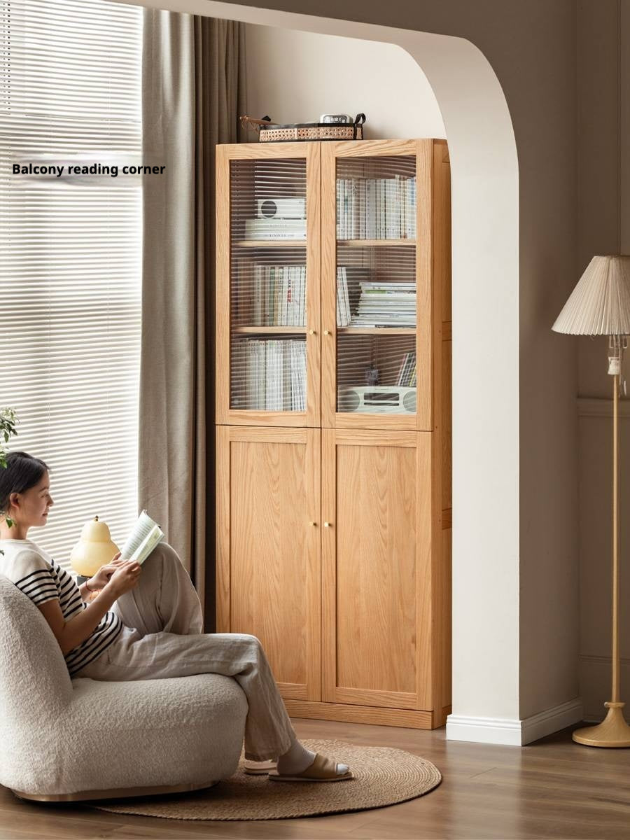 Oak, Rubberwood Solid Wood Bookcase With Glass Doors
