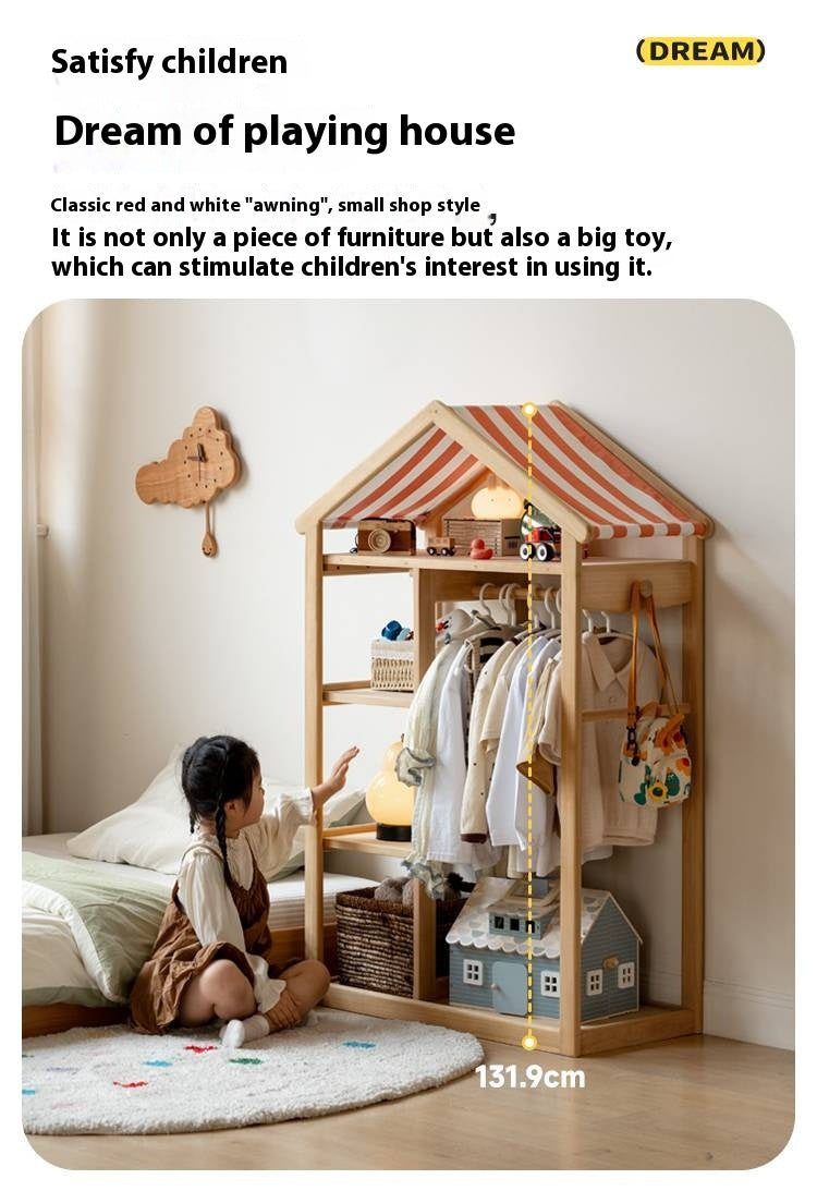 Poplar Solid Wood Children's Toy Storage Cabinet and Wardrobe With Hangers