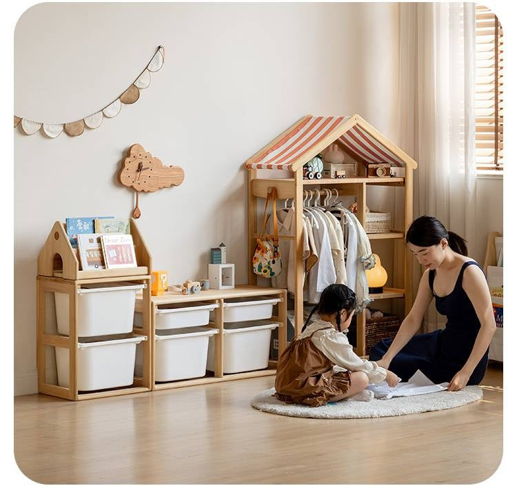 Poplar Solid Wood Children's Toy Storage Cabinet and Wardrobe With Hangers