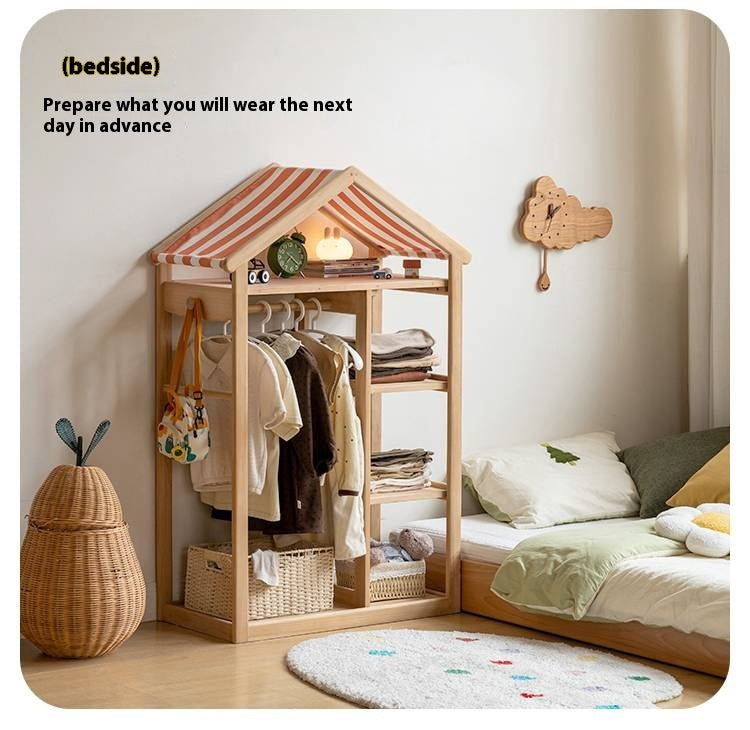 Poplar Solid Wood Children's Toy Storage Cabinet and Wardrobe With Hangers