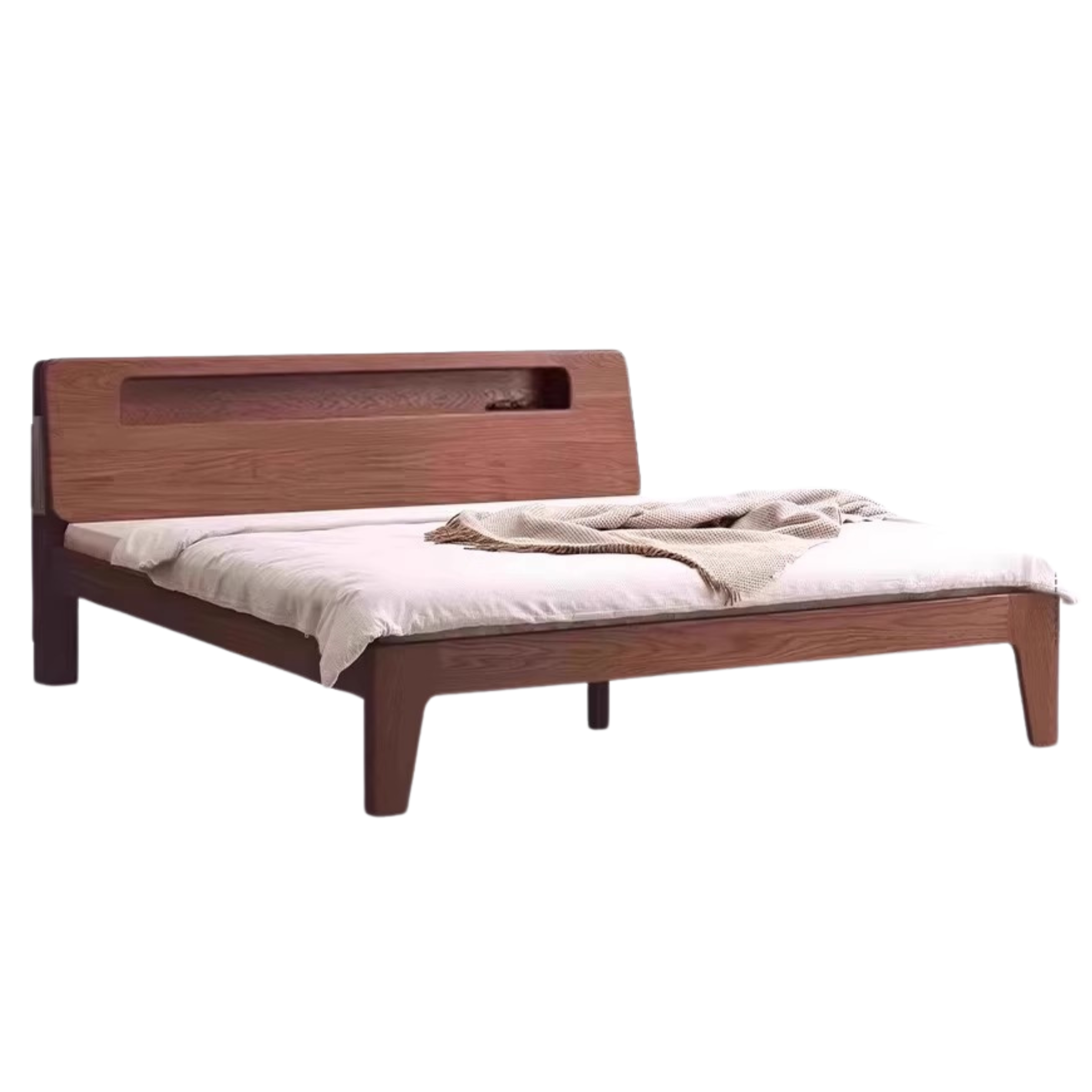 Oak solid wood bed with light and bookshelf