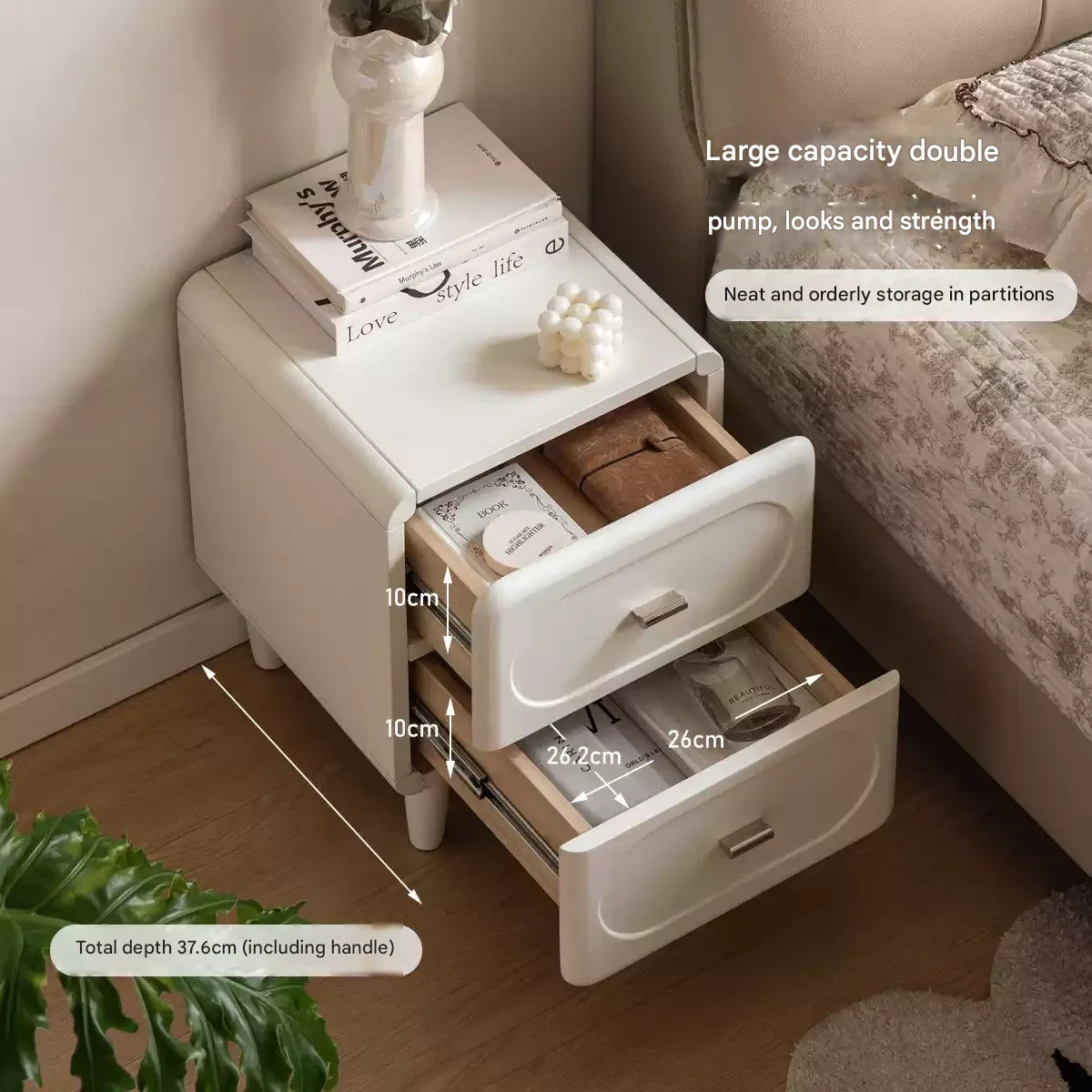 Solid Rubberwood French Cream Nightstand