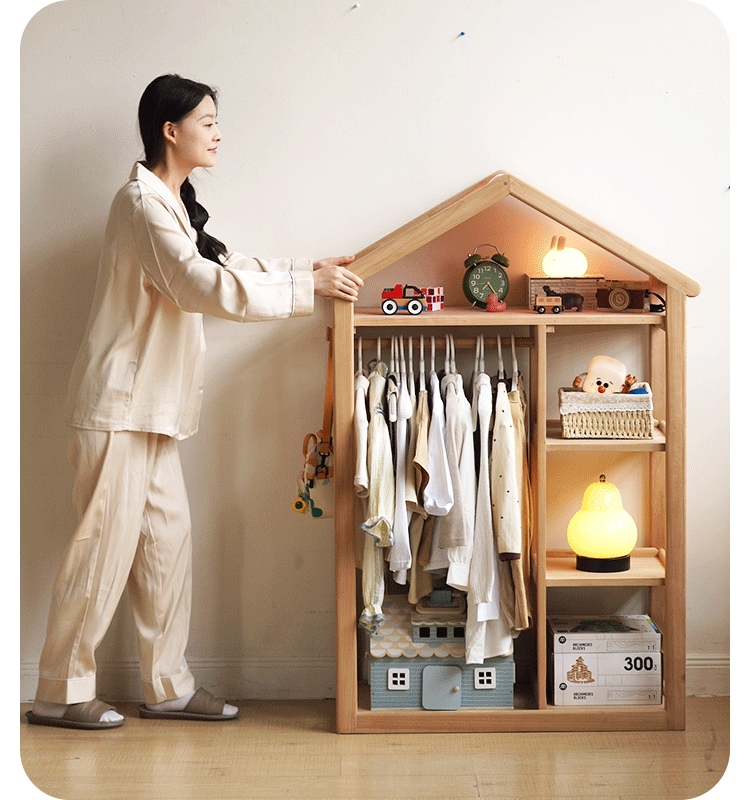 Poplar Solid Wood Children's Toy Storage Cabinet and Wardrobe With Hangers