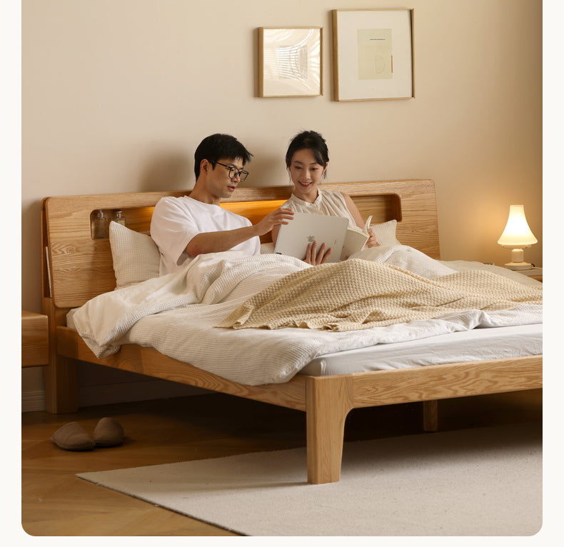 Oak solid wood bed with light and bookshelf
