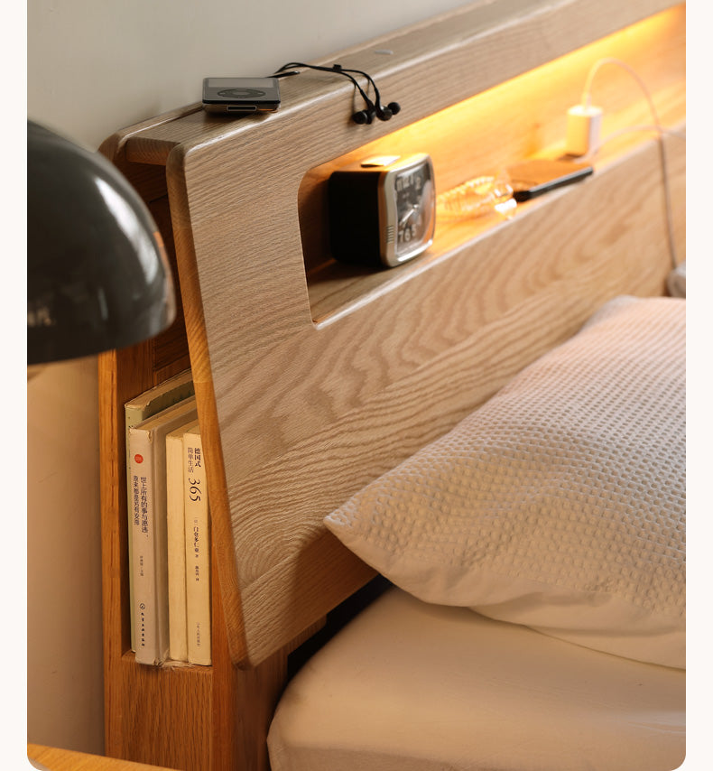 Oak solid wood bed with light and bookshelf