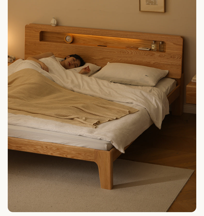 Oak solid wood bed with light and bookshelf