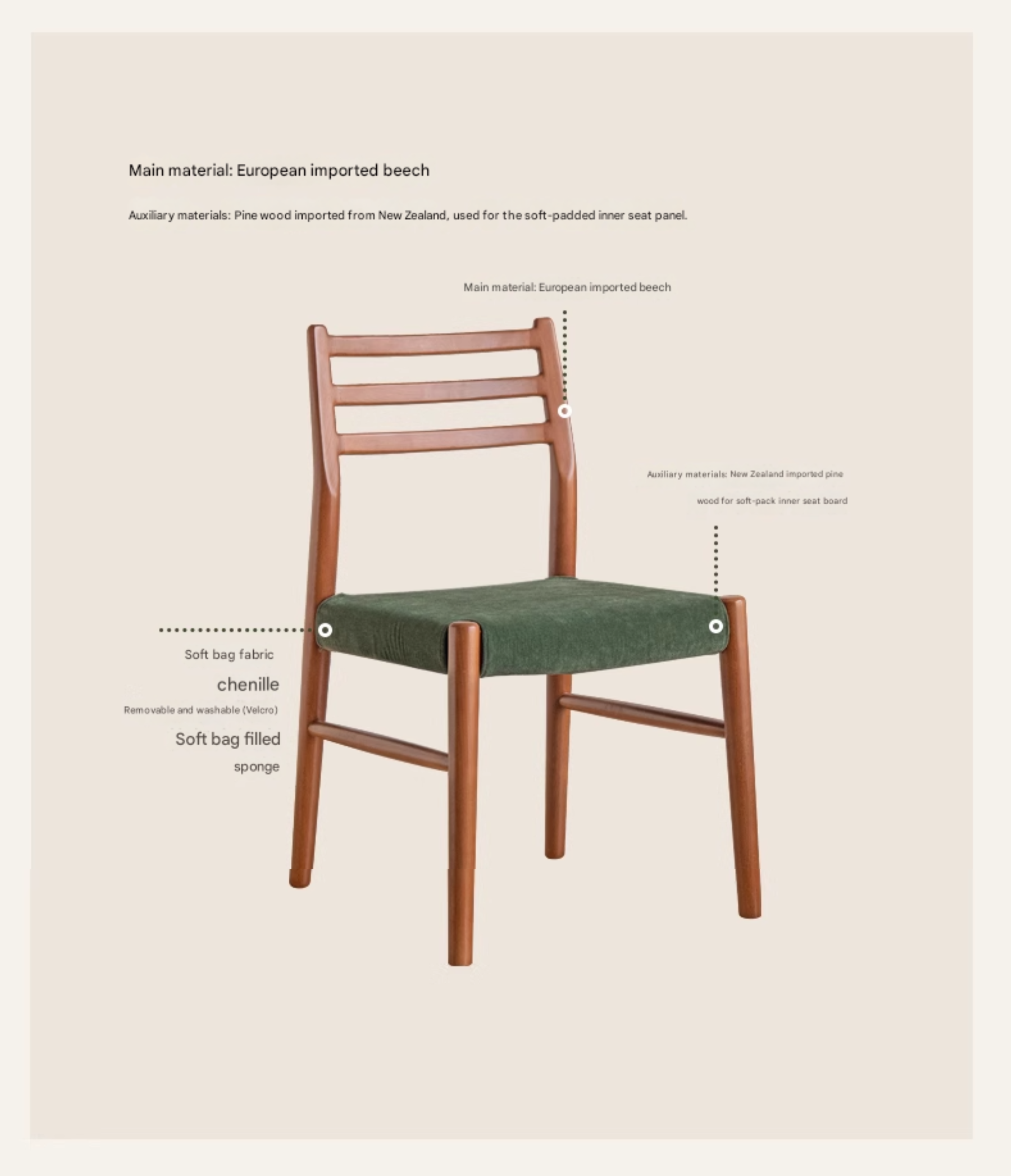 Set 4 pcs Beech Solid Wood Retro Style Dining Chair