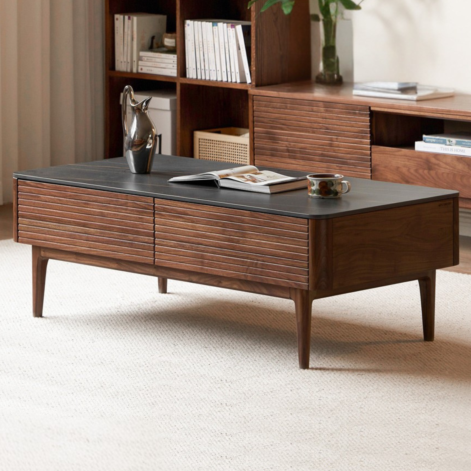 Sandalwood, Black Walnut Solid Wood Rock Plate Tea Table