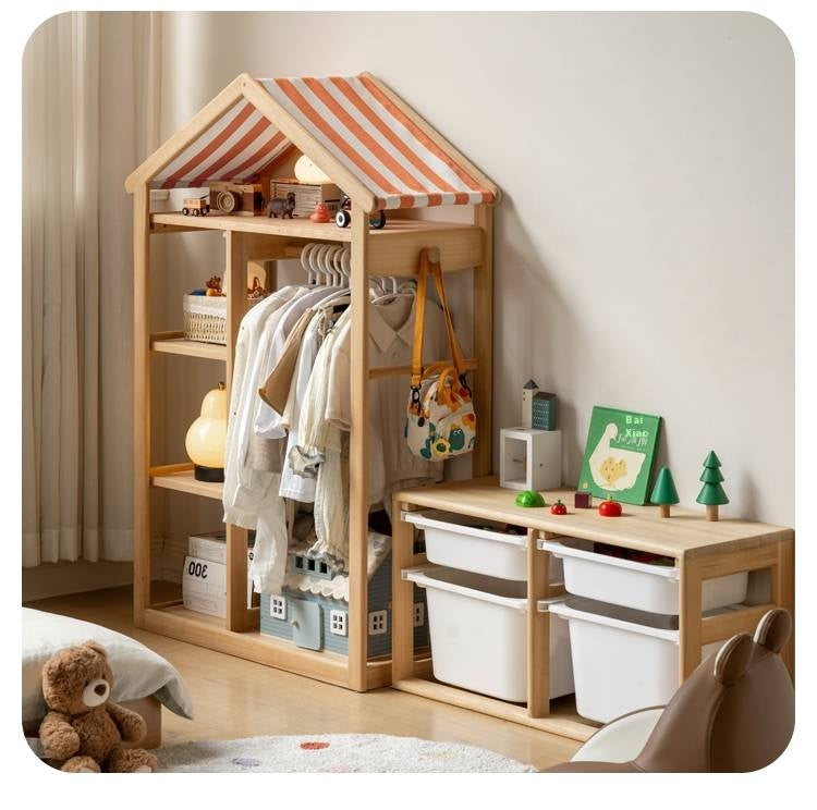 Poplar Solid Wood Children's Toy Storage Cabinet and Wardrobe With Hangers