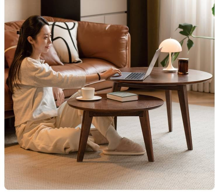 Oak, Solid Rubberwood Round Coffee Table Combination