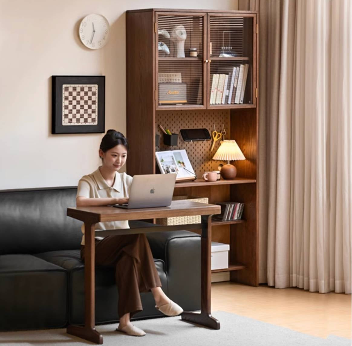 Oak, Black Walnut Solid Wood Office Desk With Integrated Bookshelf