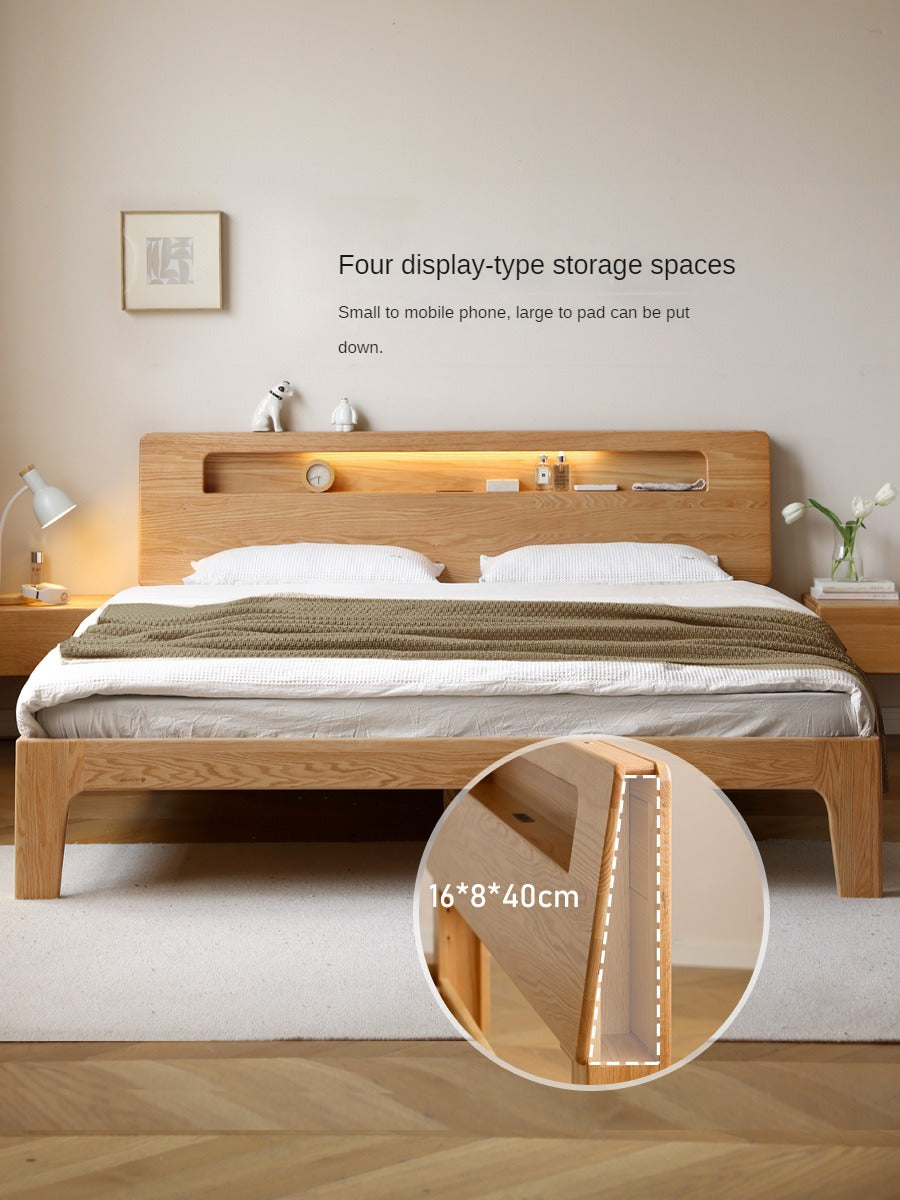 Oak solid wood bed with light and bookshelf