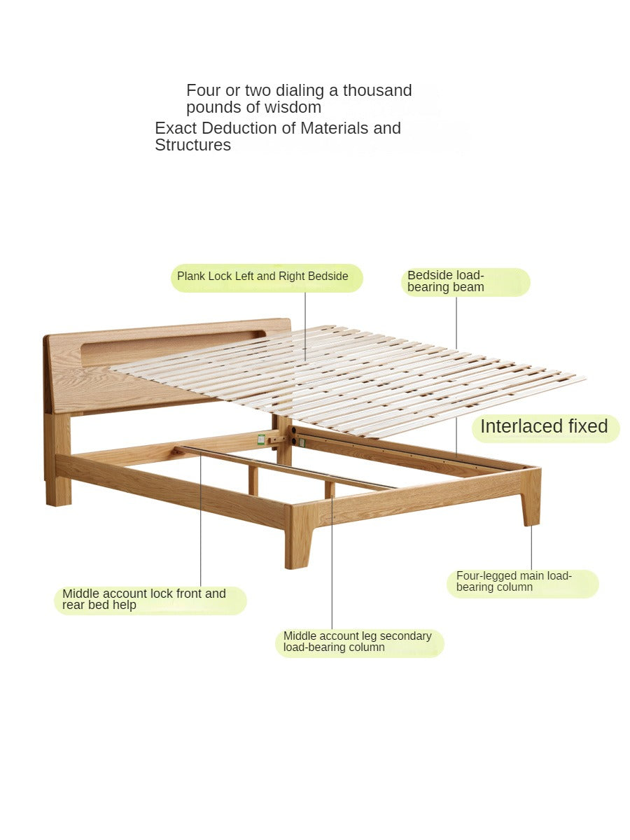 Oak solid wood bed with light and bookshelf