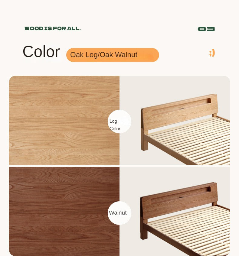 Oak solid wood bed with light and bookshelf