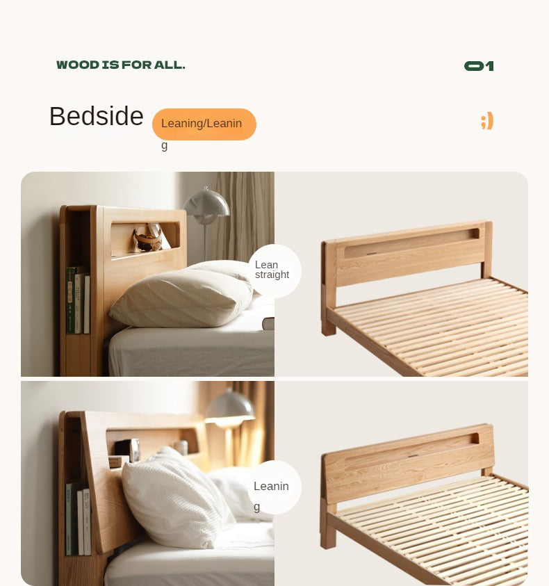 Oak solid wood bed with light and bookshelf