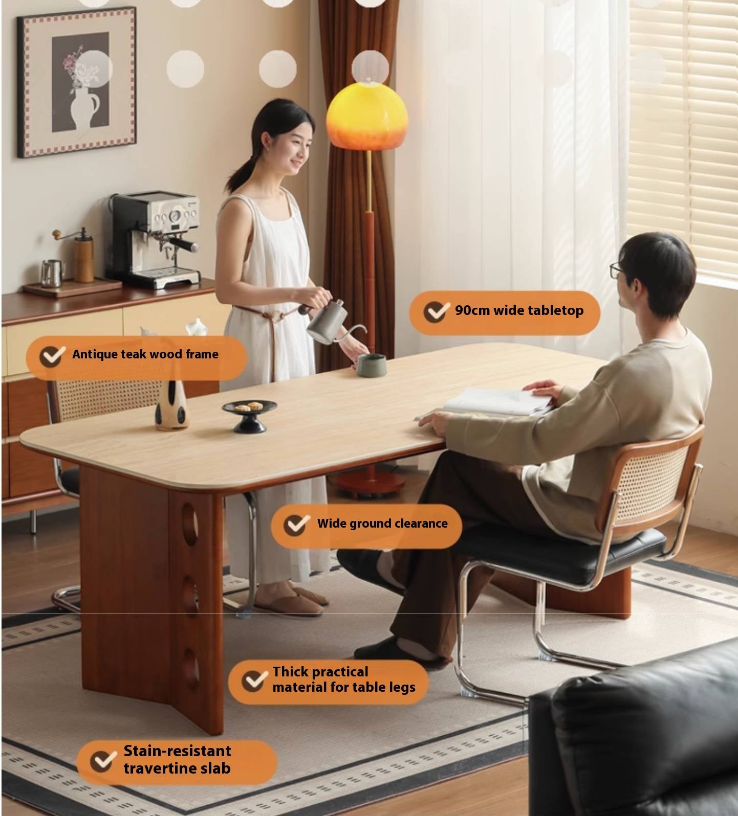 Poplar Solid Wood Medieval Style Rock Plate Dining Table