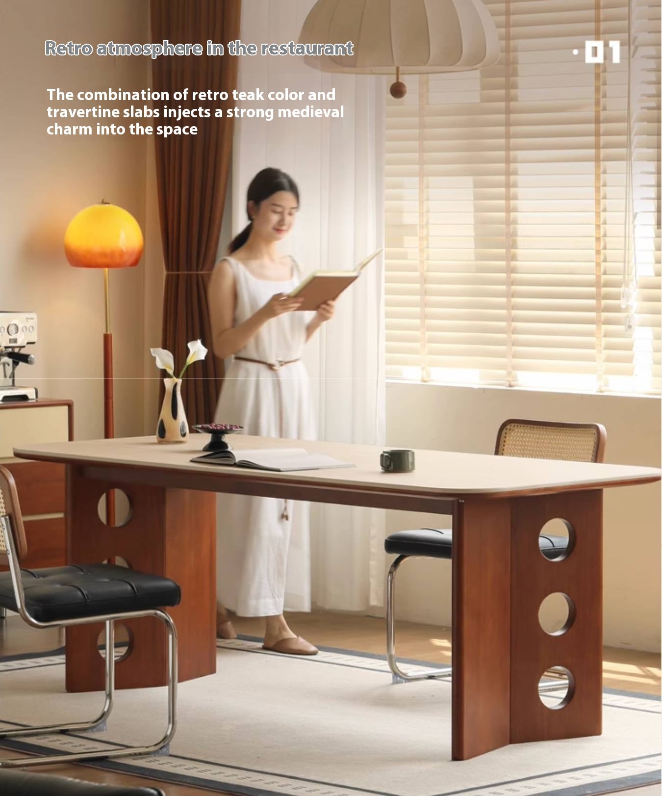 Poplar Solid Wood Medieval Style Rock Plate Dining Table