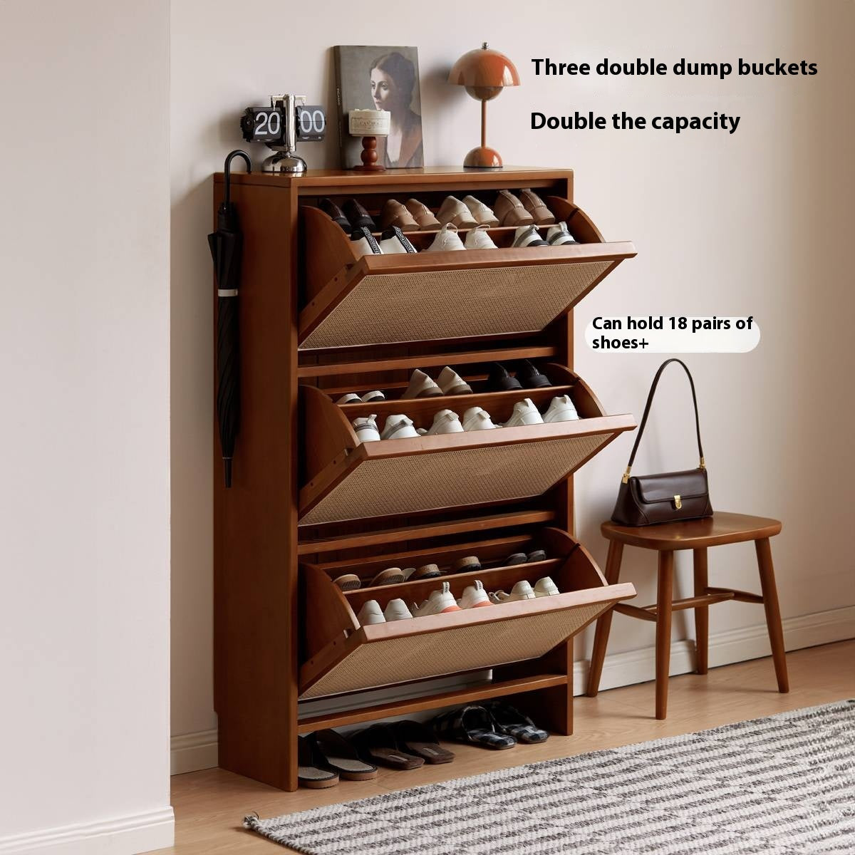 Poplar Solid Wood Rattan Shoe Cabinet Antique Style