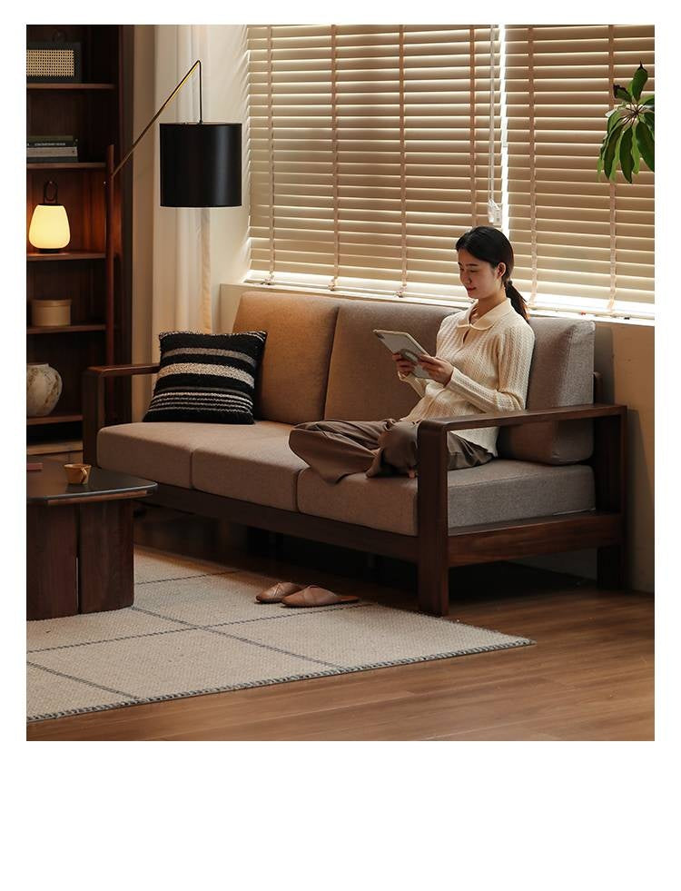 Walnut Solid Wood Three Seat Fabric Sofa