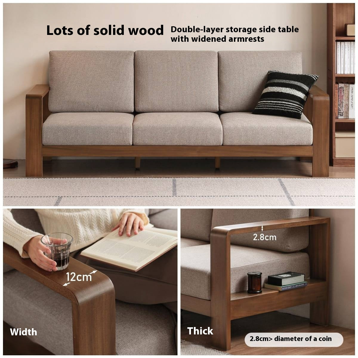 Walnut Solid Wood Three Seat Fabric Sofa