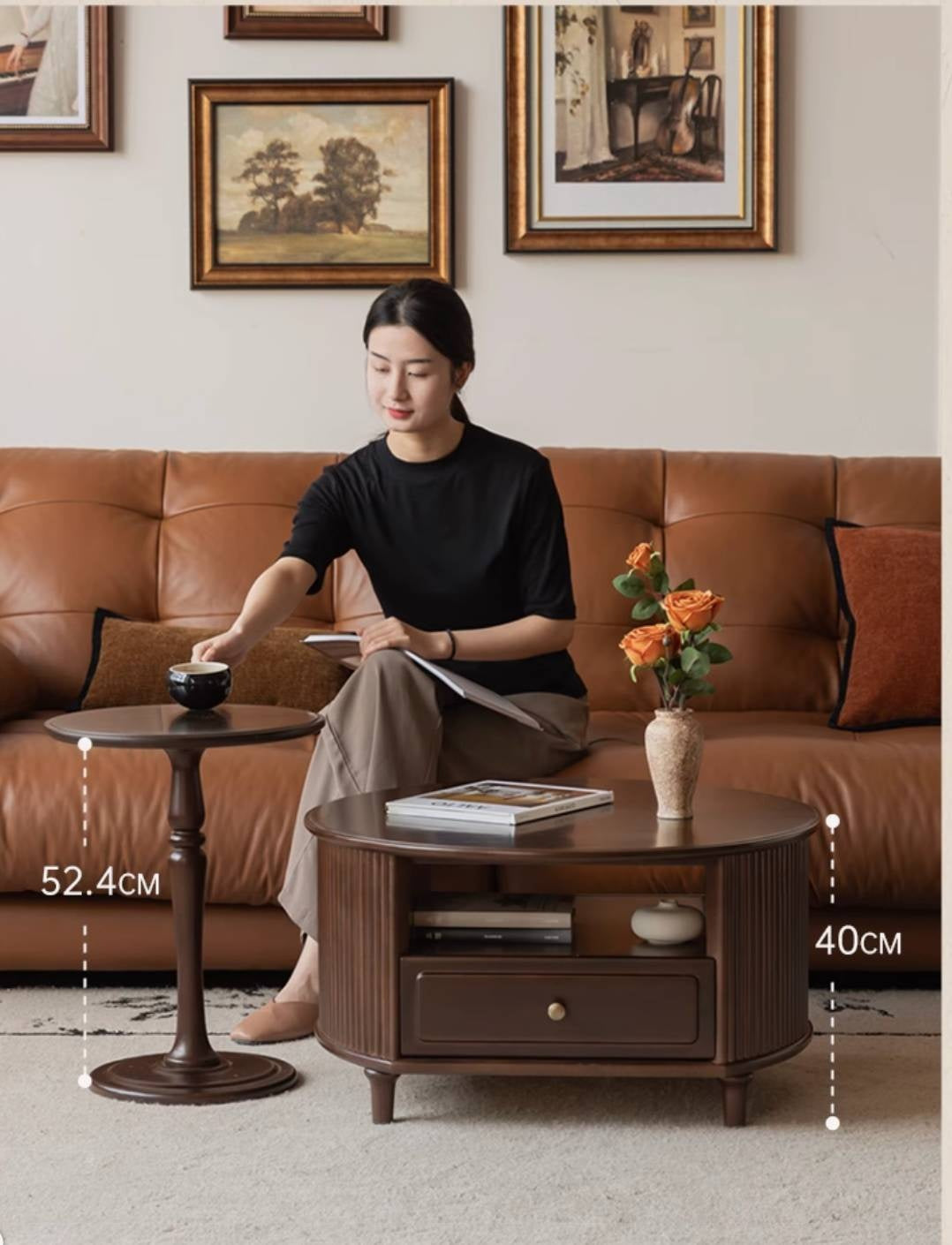 Poplar Solid Wood American Retro Style Round Coffee Table