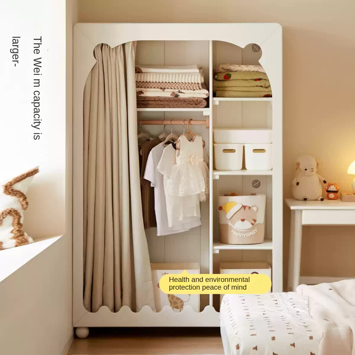 Solid Rubberwood Cream Style Children's Wardrobe