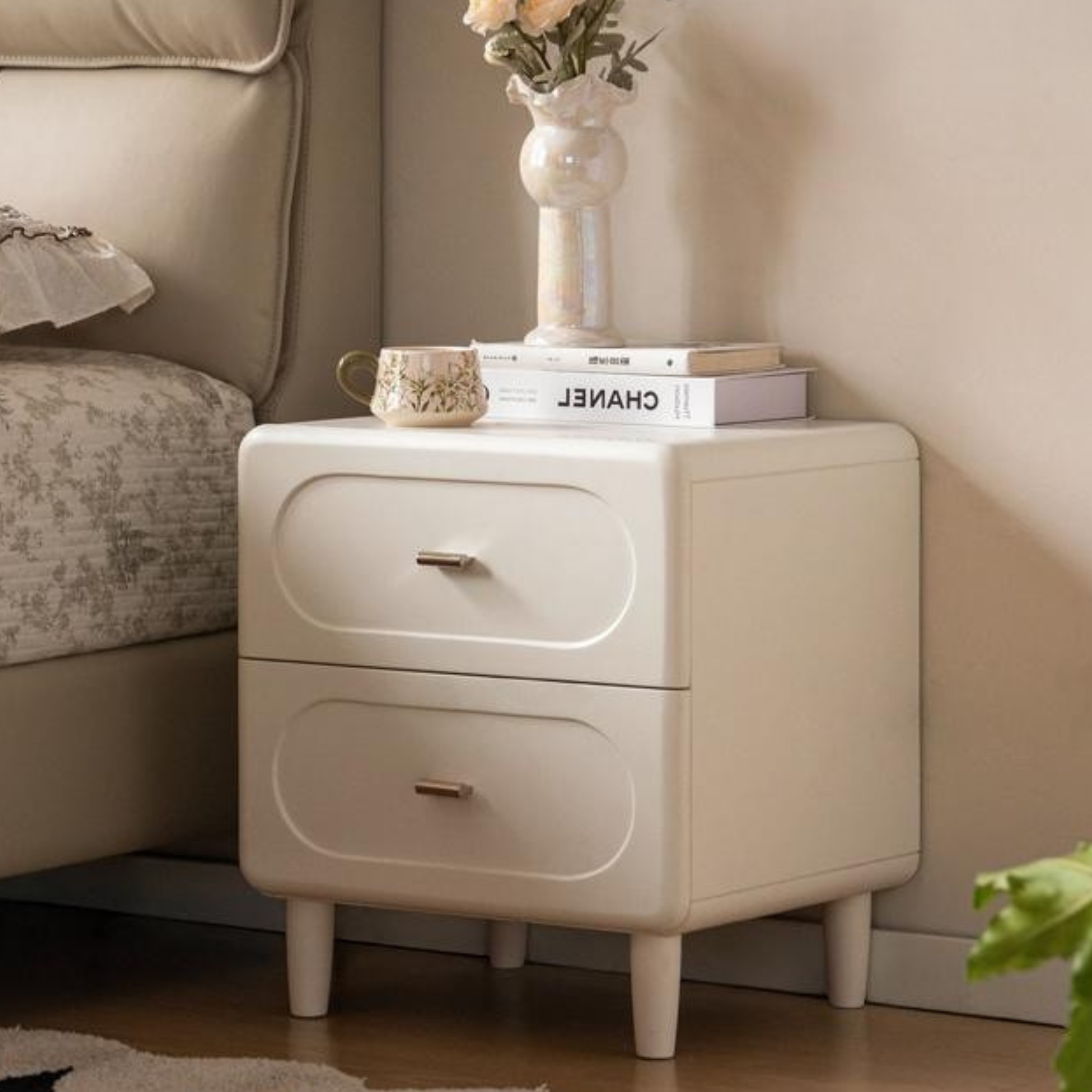 Solid Rubberwood French Cream Nightstand