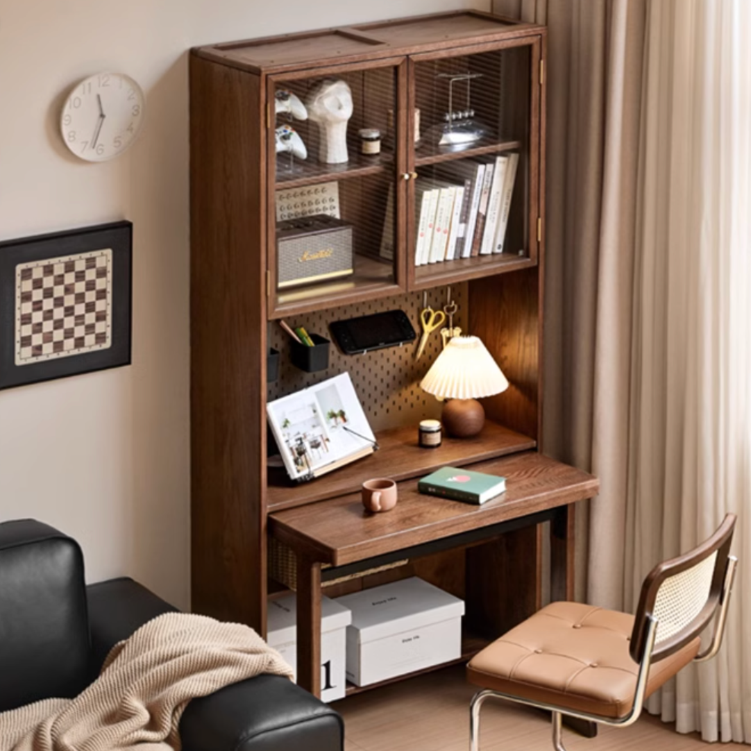Oak, Black Walnut Solid Wood Office Desk With Integrated Bookshelf
