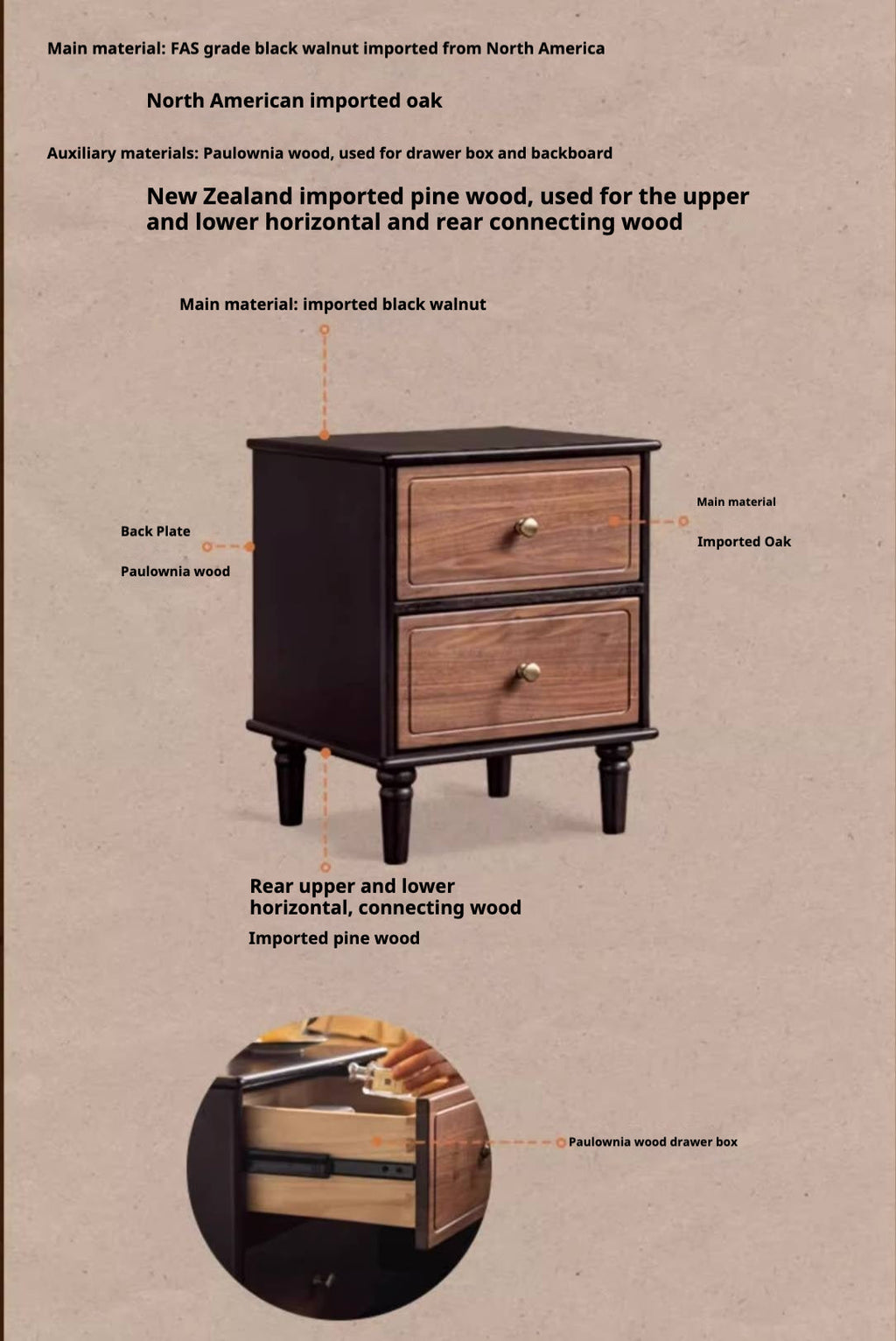 Black Walnut American Retro Style Solid Wood Nightstand