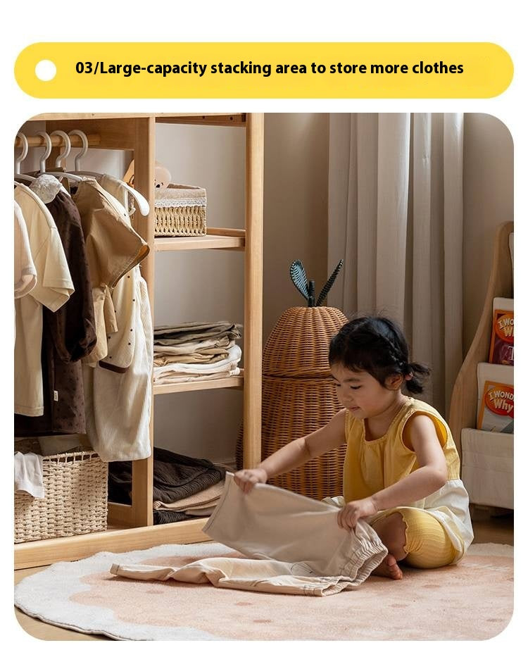 Poplar Solid Wood Children's Toy Storage Cabinet and Wardrobe With Hangers