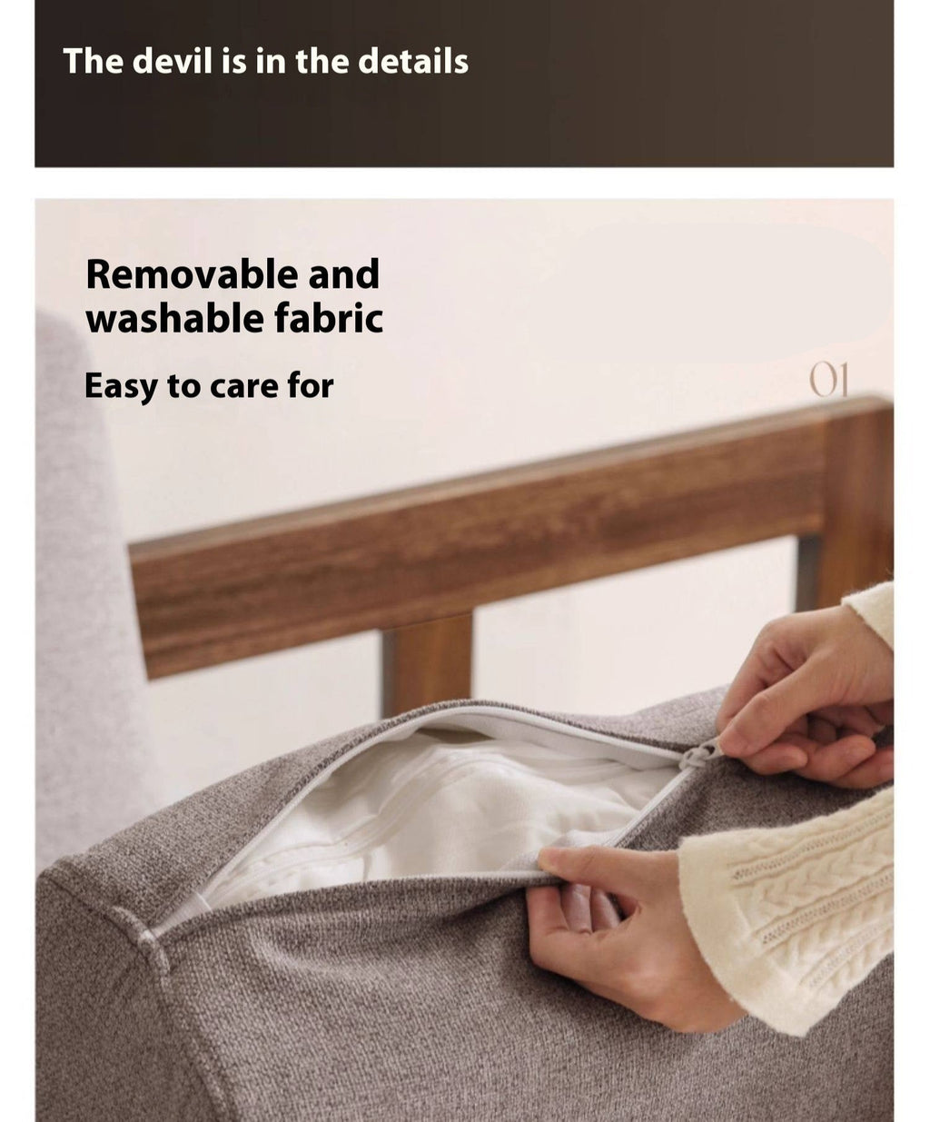 Walnut Solid Wood Three Seat Fabric Sofa