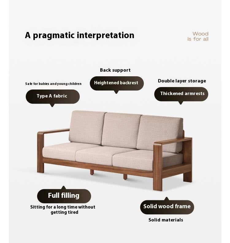 Walnut Solid Wood Three Seat Fabric Sofa