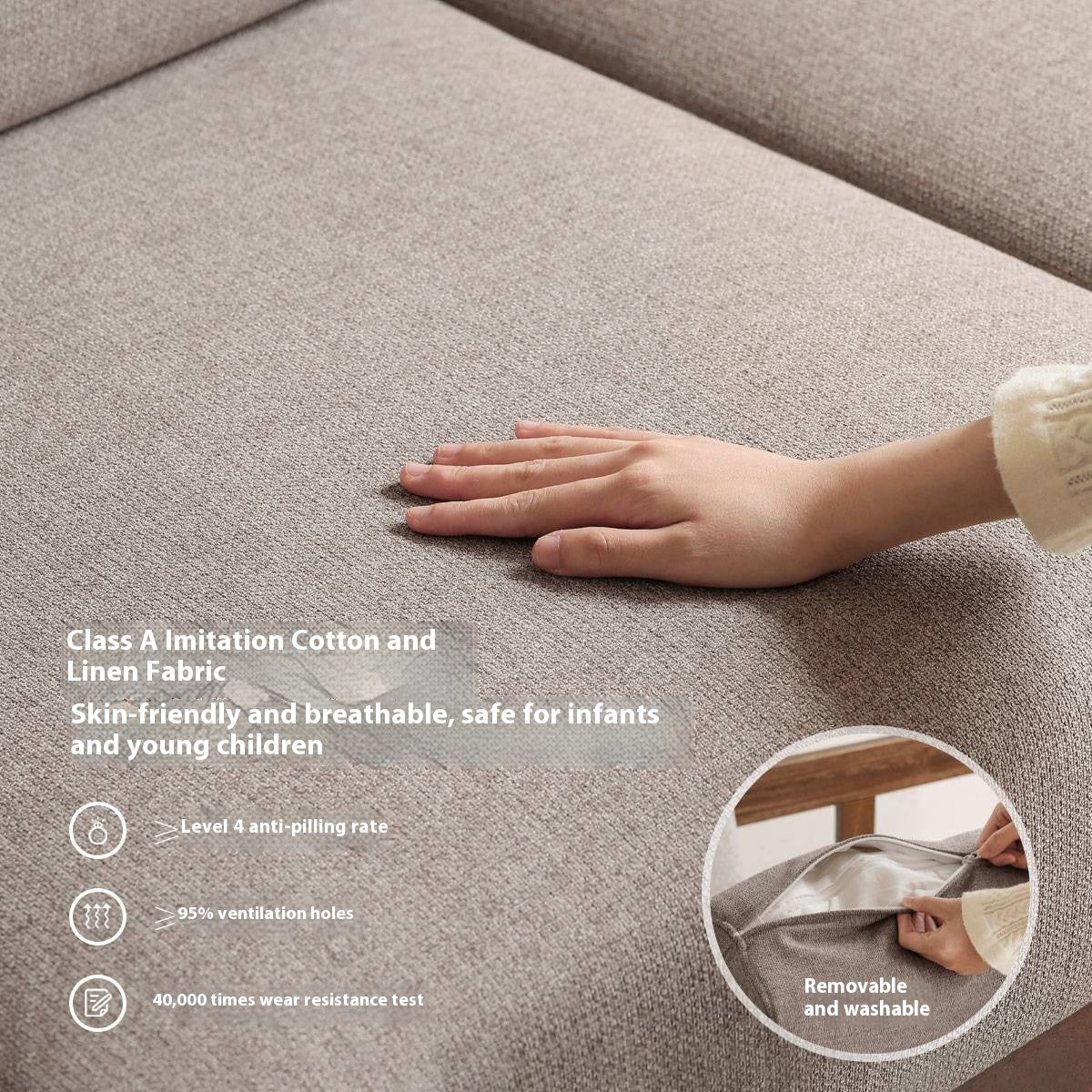 Walnut Solid Wood Three Seat Fabric Sofa