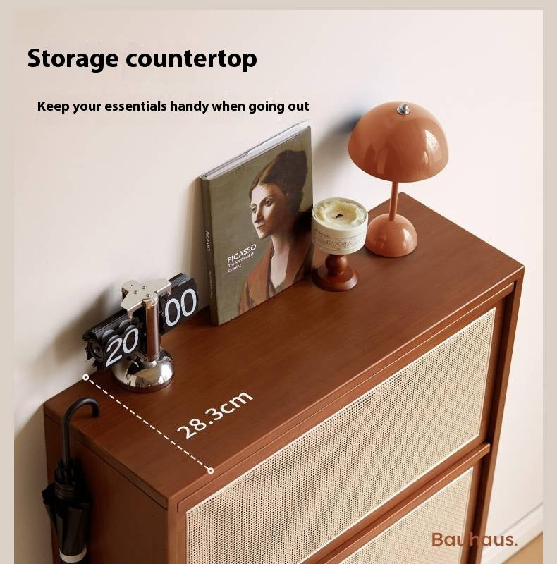 Poplar Solid Wood Rattan Shoe Cabinet Antique Style