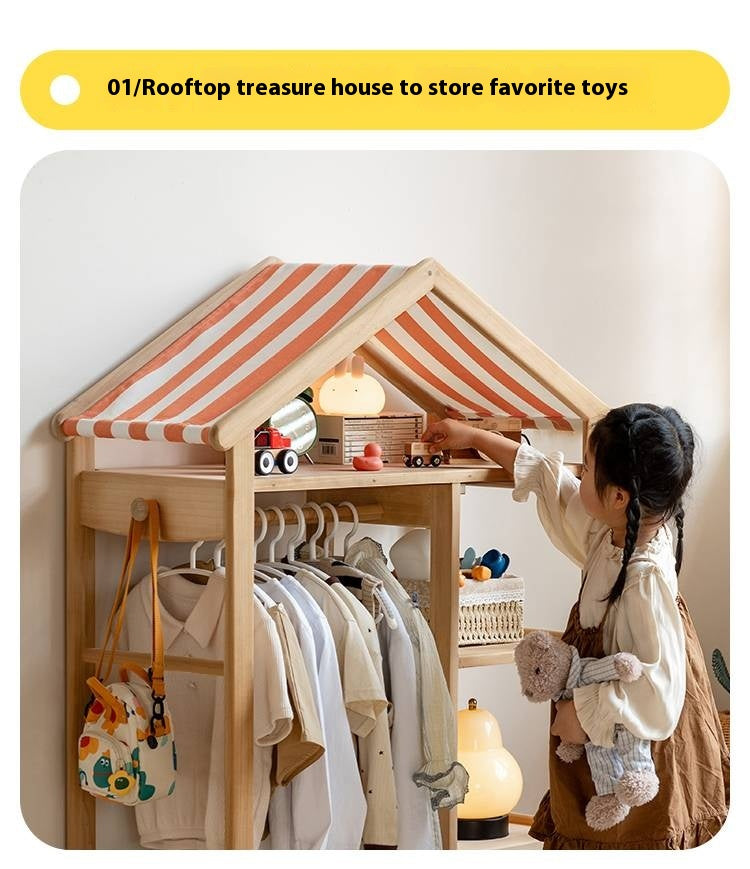 Poplar Solid Wood Children's Toy Storage Cabinet and Wardrobe With Hangers