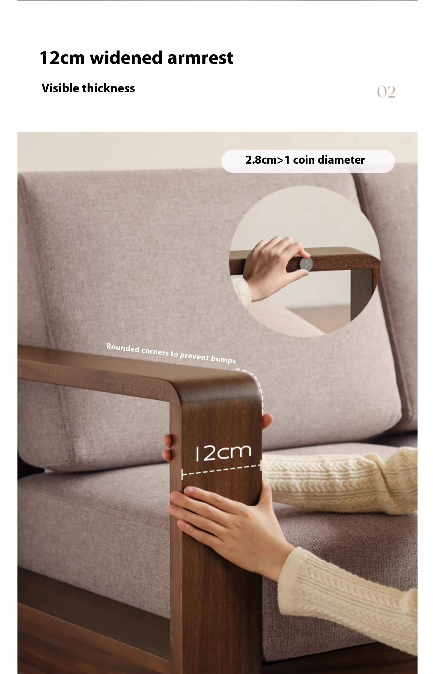 Walnut Solid Wood Three Seat Fabric Sofa