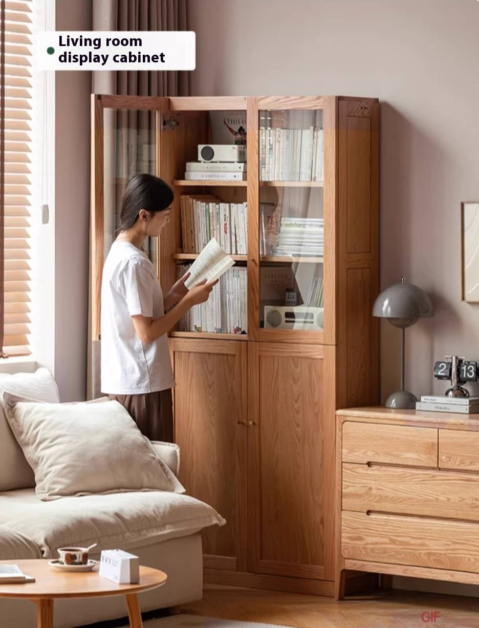 Oak, Rubberwood Solid Wood Bookcase With Glass Doors
