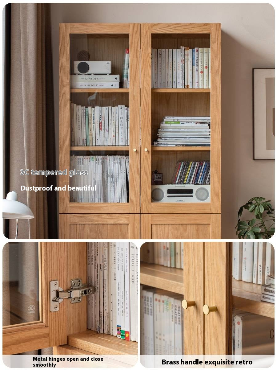 Oak, Rubberwood Solid Wood Bookcase With Glass Doors