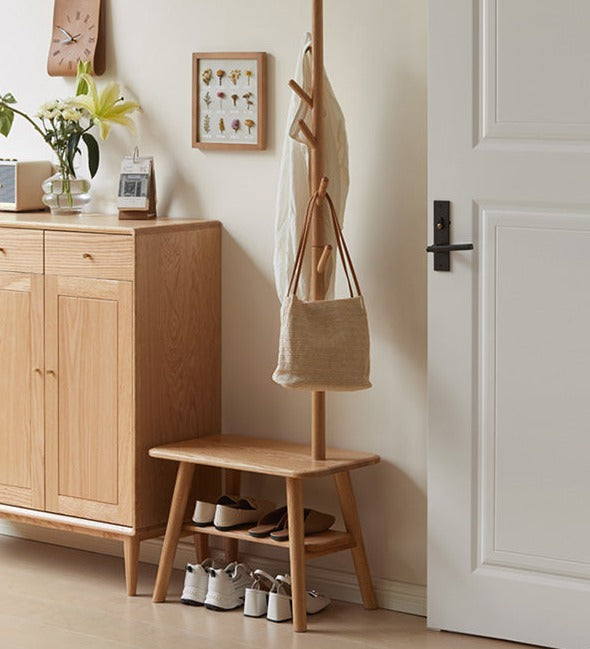 Oak Solid Wood Shoe Stool With Hanger Cabinet