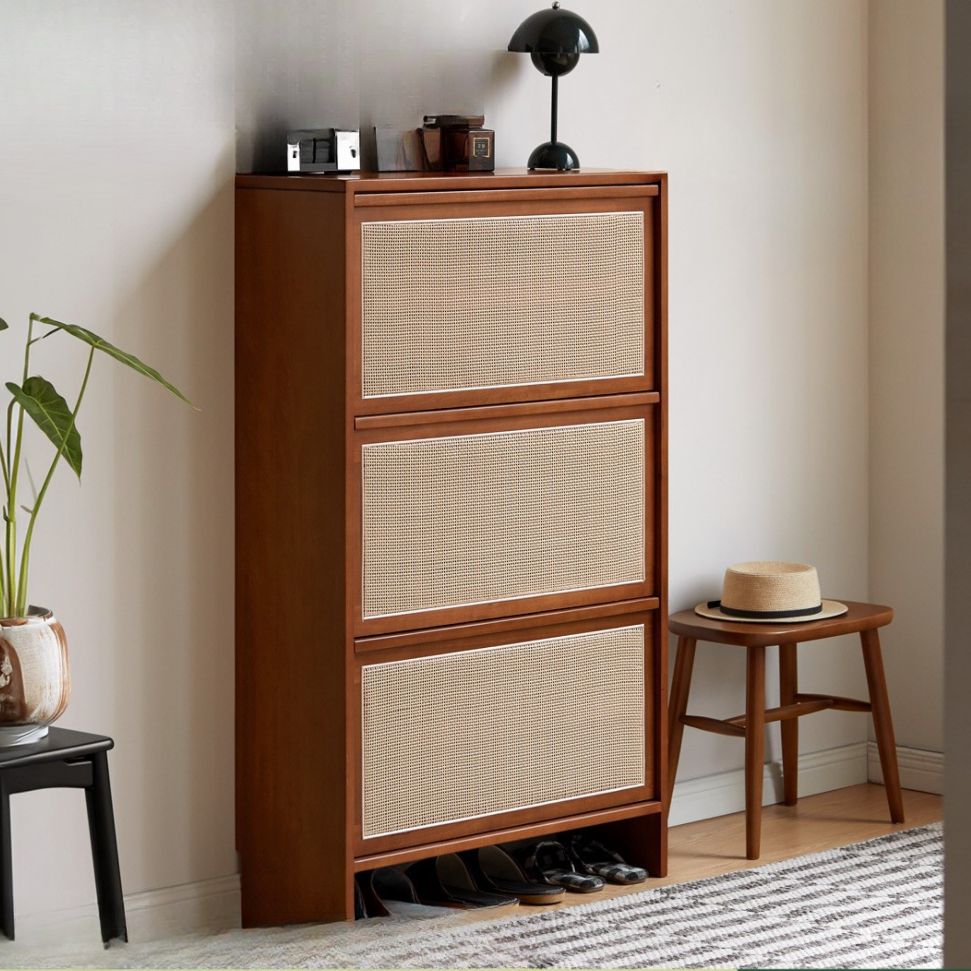Poplar Solid Wood Rattan Shoe Cabinet Antique Style