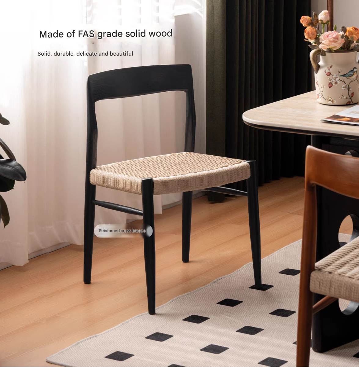 Set 4 pcs Oak Solid Wood Dining Rope Chair