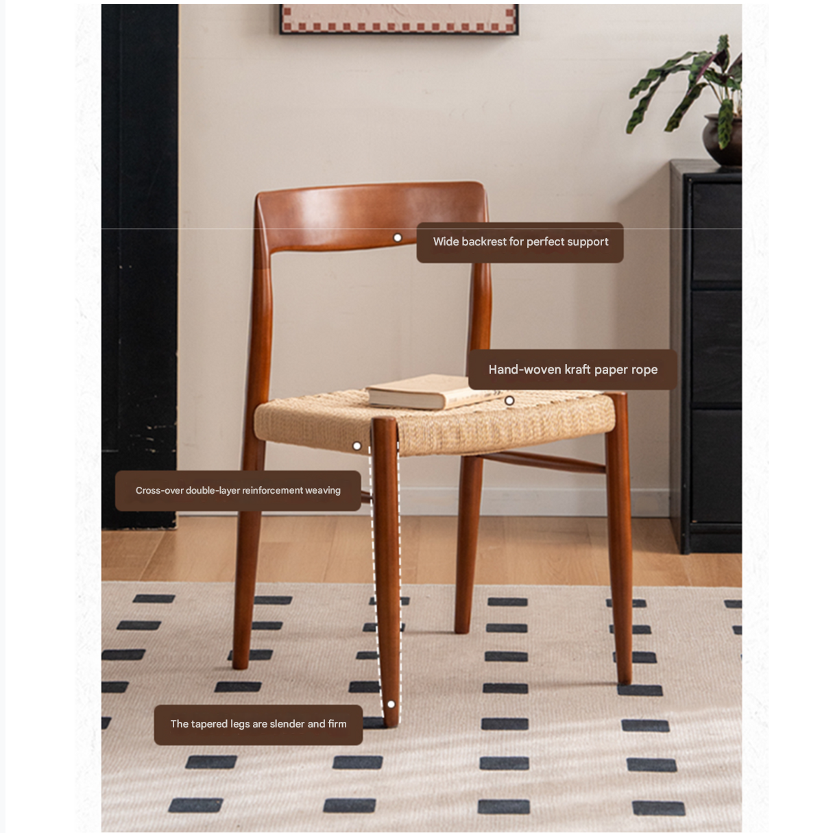 Set 4 pcs Oak Solid Wood Dining Rope Chair