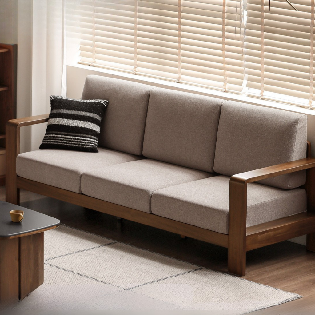 Walnut Solid Wood Three Seat Fabric Sofa